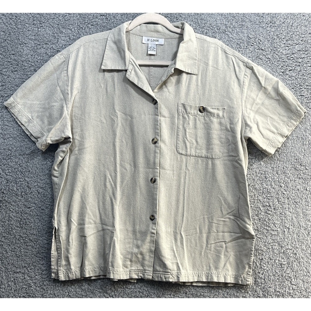 H Look 100% Silk Button Front Shirt Beige Short Sleeve Womens Large